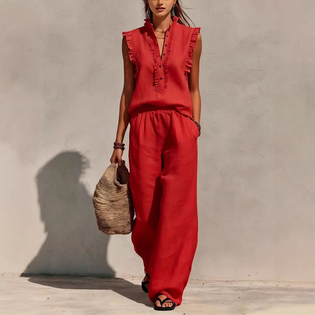 Sleeveless Ruffled V-neck Top And Elastic-waist Wide-leg Pants