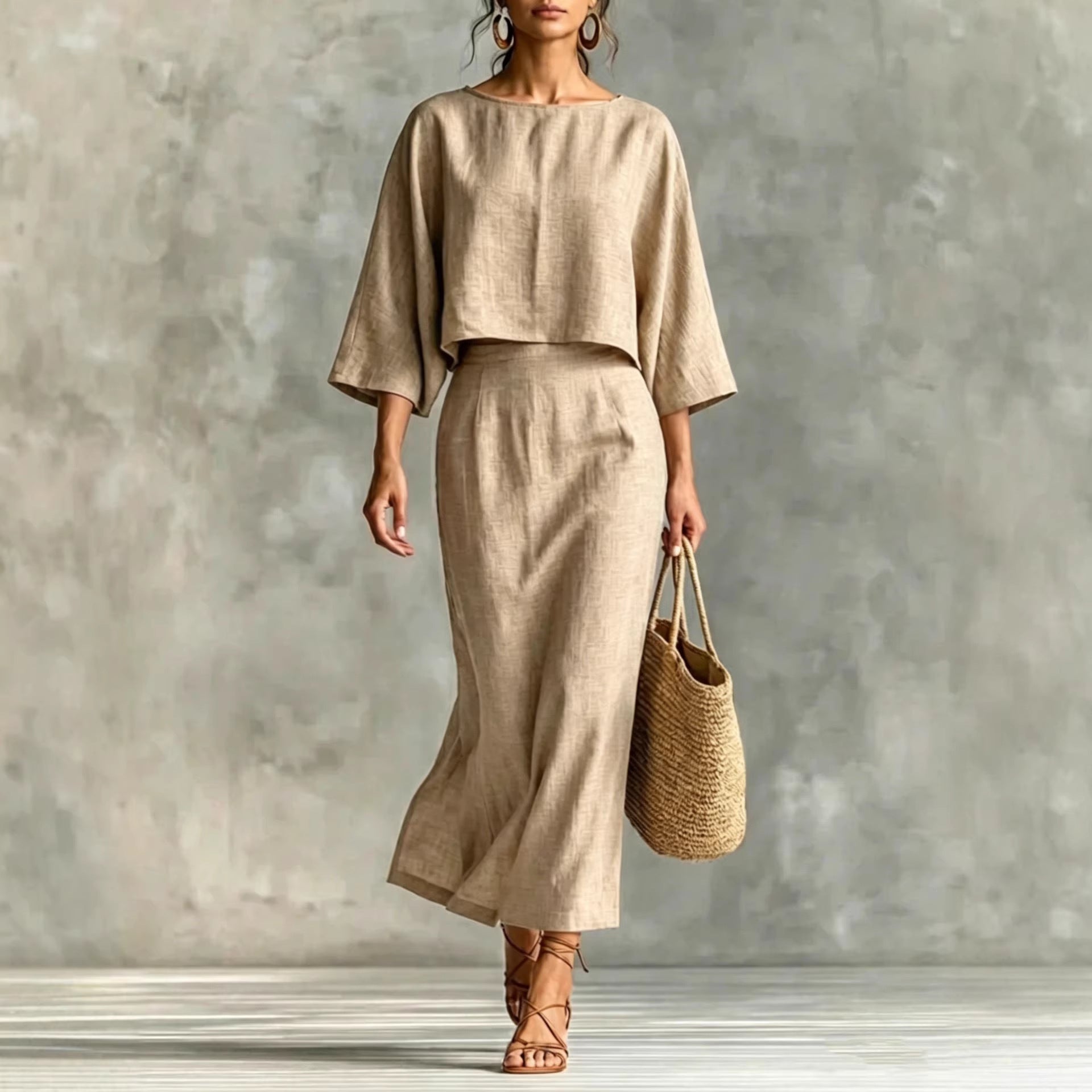 Womens High-Waisted Midi Skirt And Loose Top Set