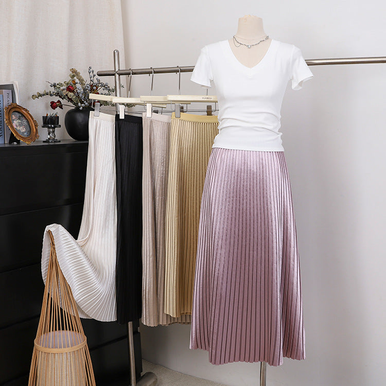 Fashionable Simple Versatile Satin Pleated Midi Skirt