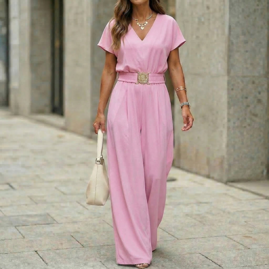 Womens V-neck Solid-color Short-sleeve Long-pants Belted Jumpsuit