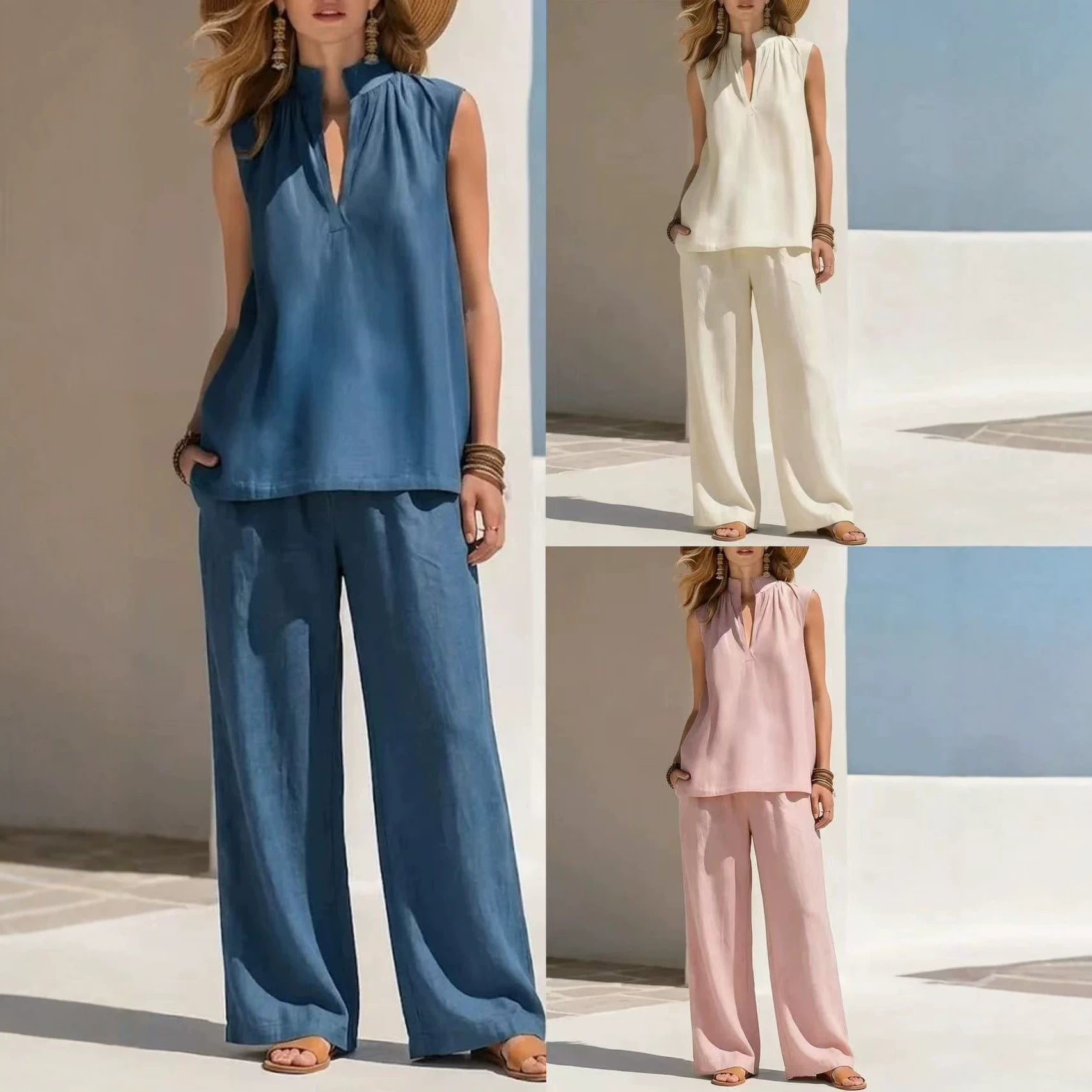 Sleeveless Stand-Neck Casual Womens Set
