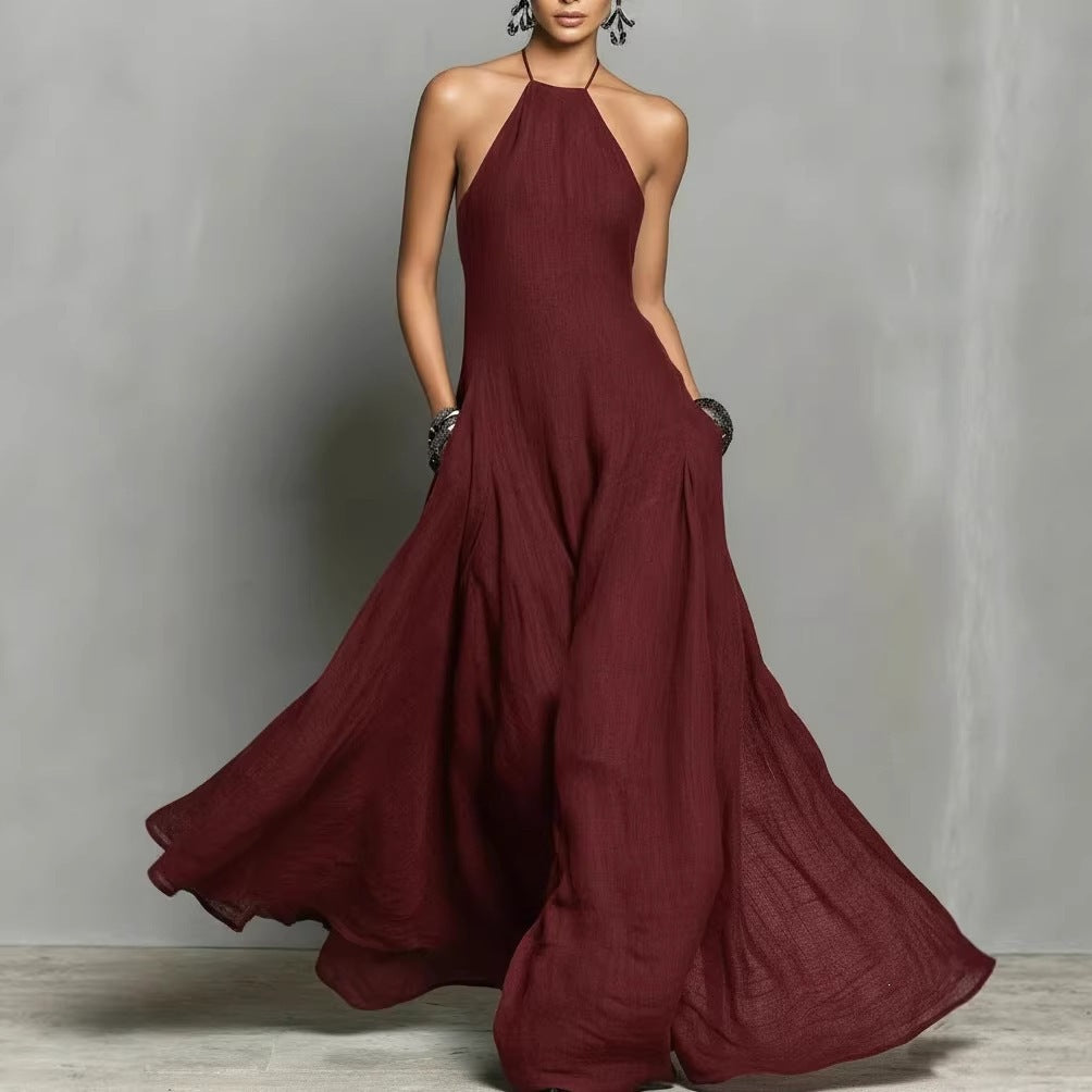 Womens Solid-Color Cotton-Linen Blend Simple Sleeveless Maxi Dress
