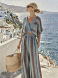 Striped Print V-Neck Short-Sleeve Pants Casual Set
