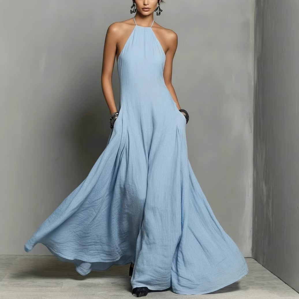 Womens Solid-Color Cotton-Linen Blend Simple Sleeveless Maxi Dress