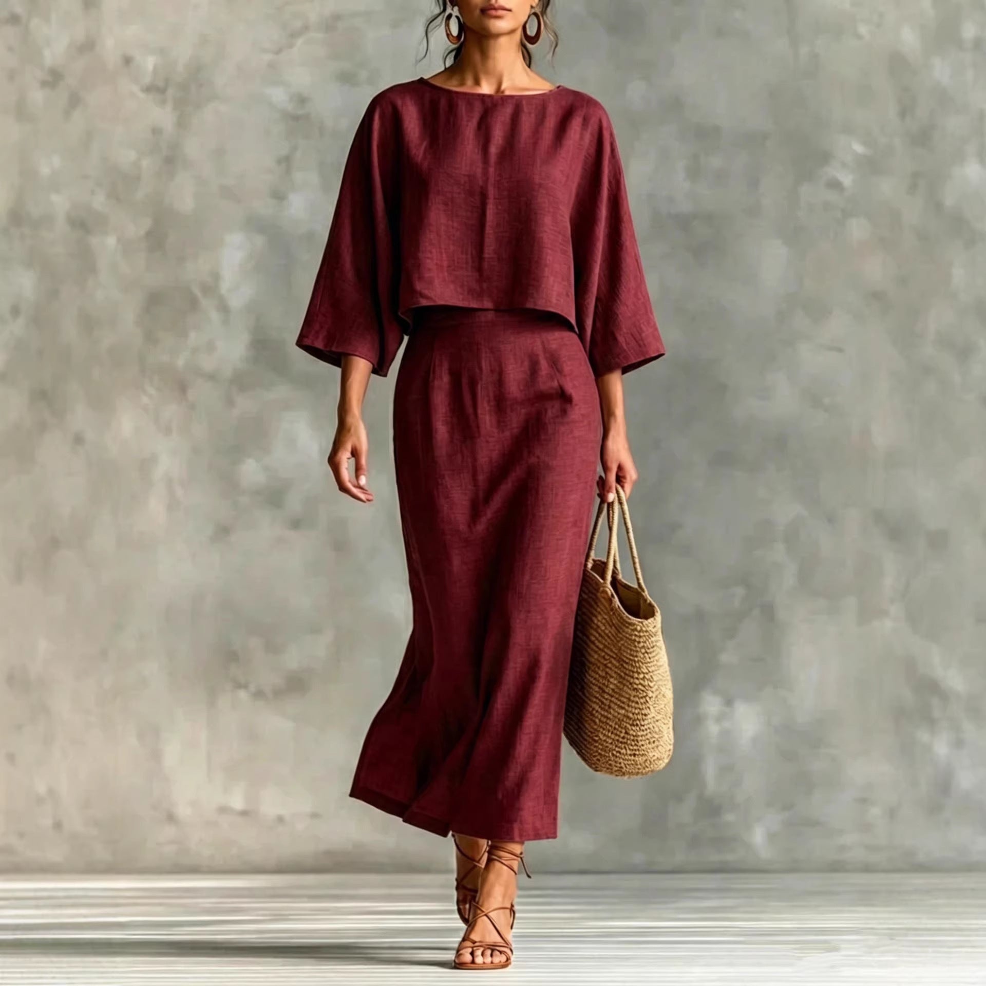 Womens High-Waisted Midi Skirt And Loose Top Set