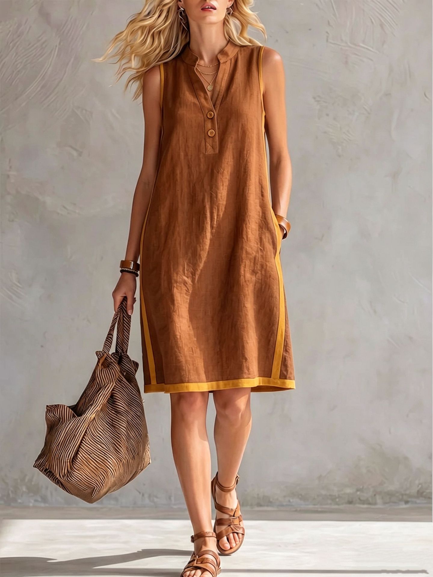 Sleeveless V-neck Pocketed Button Casual Dress