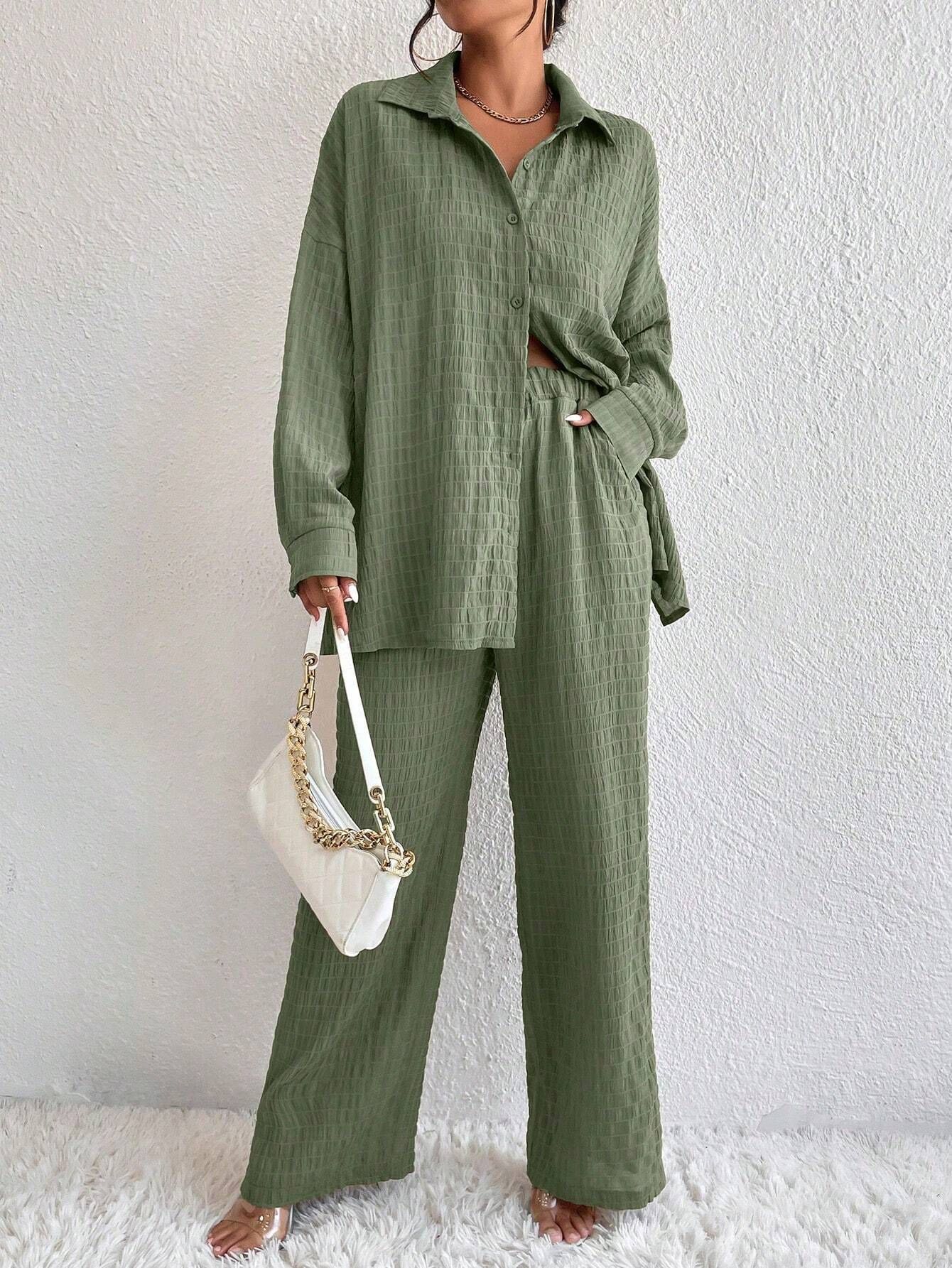 Summer New European And American Style Pleated Long-Sleeve Lapel Loose Two-Piece Set