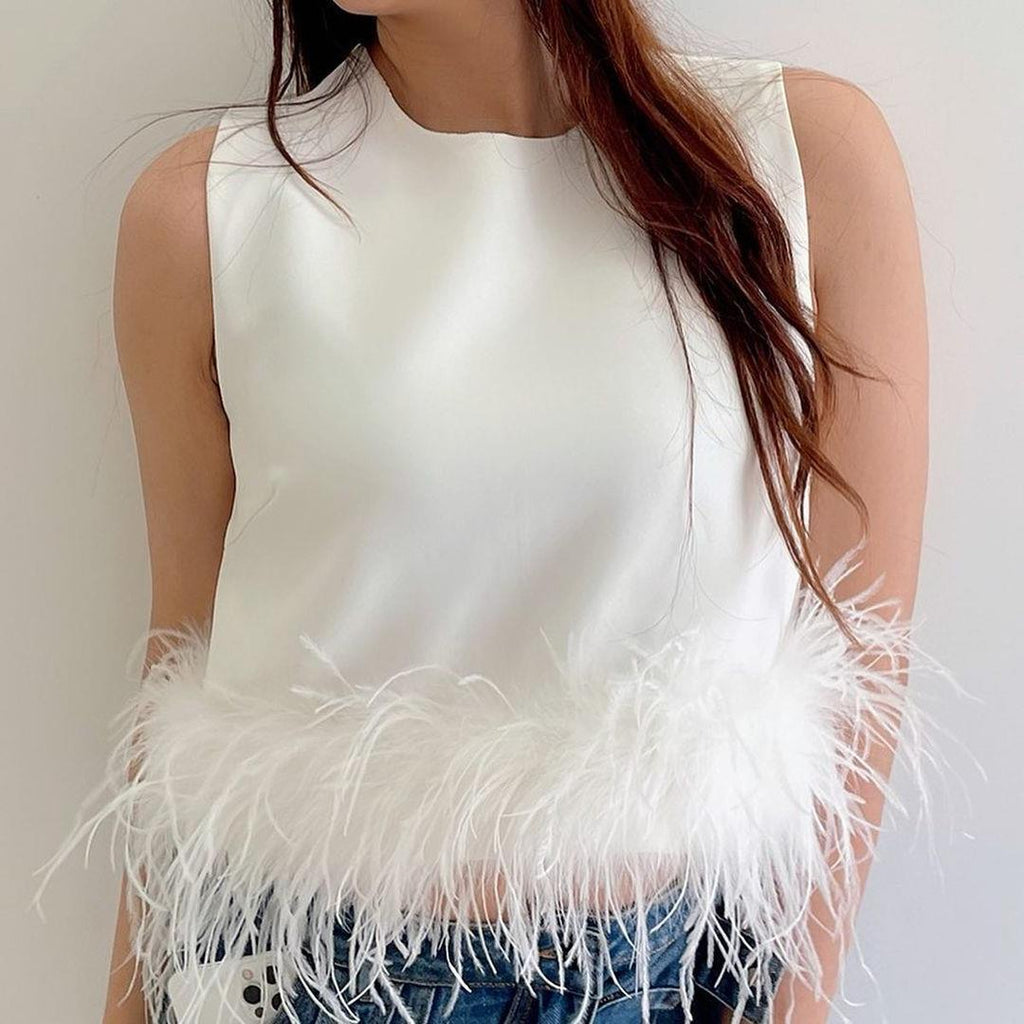 Women's Sleeveless Feather Vest T-Shirt With Back Zipper