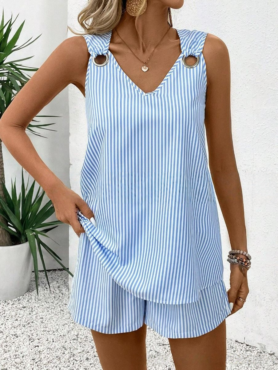 European And American Style Summer Womens Chicken Eye V-Neck Striped Casual Skirt Set