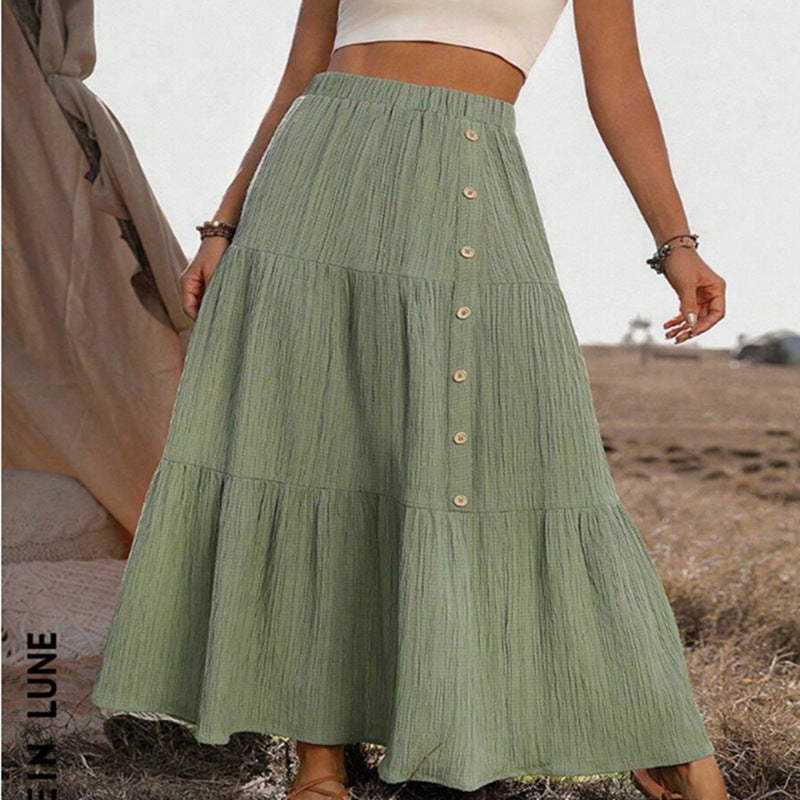 Elegant Casual Womens Long Tiered Skirt With Elastic Waist