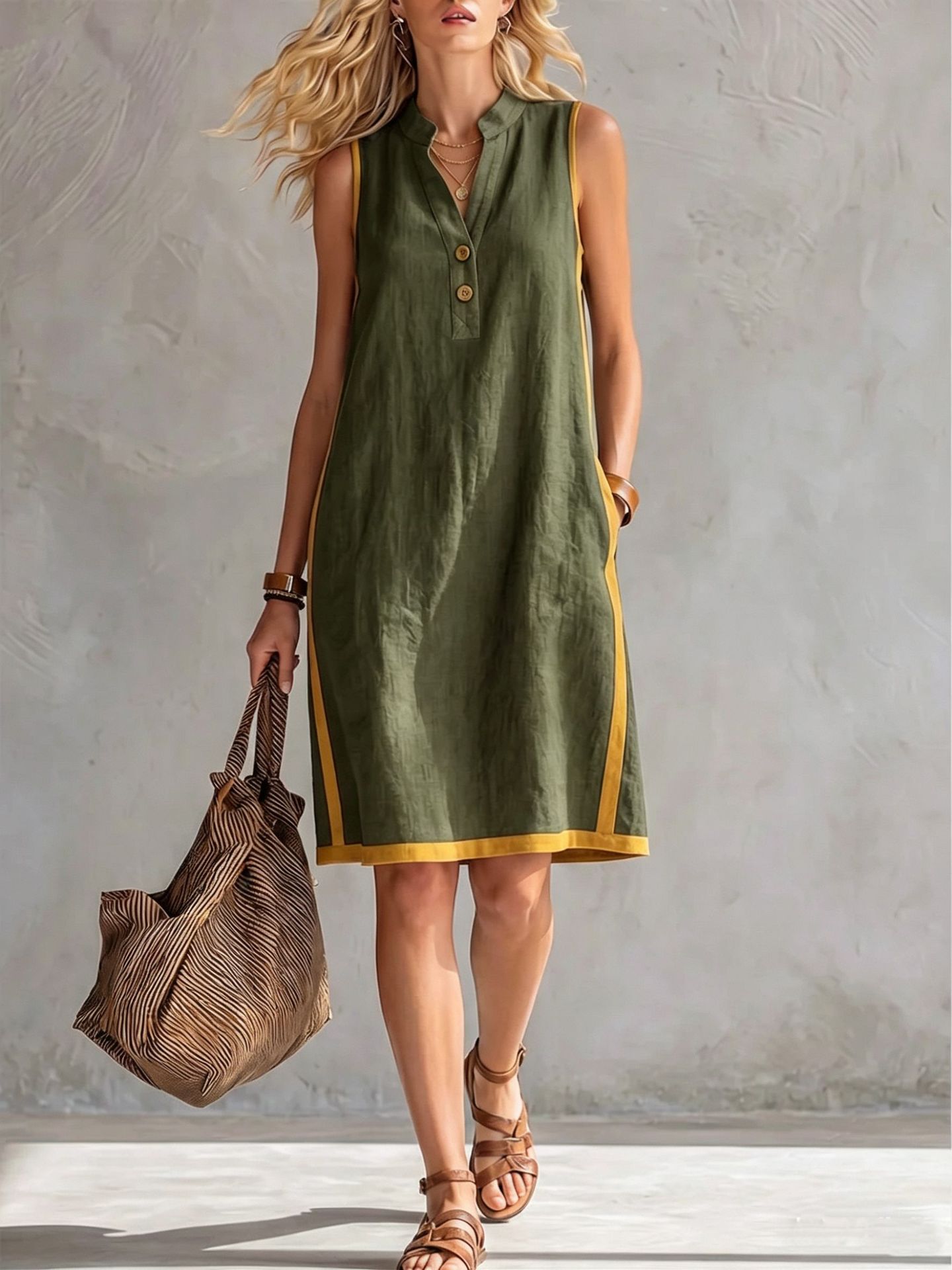 Sleeveless V-neck Pocketed Button Casual Dress