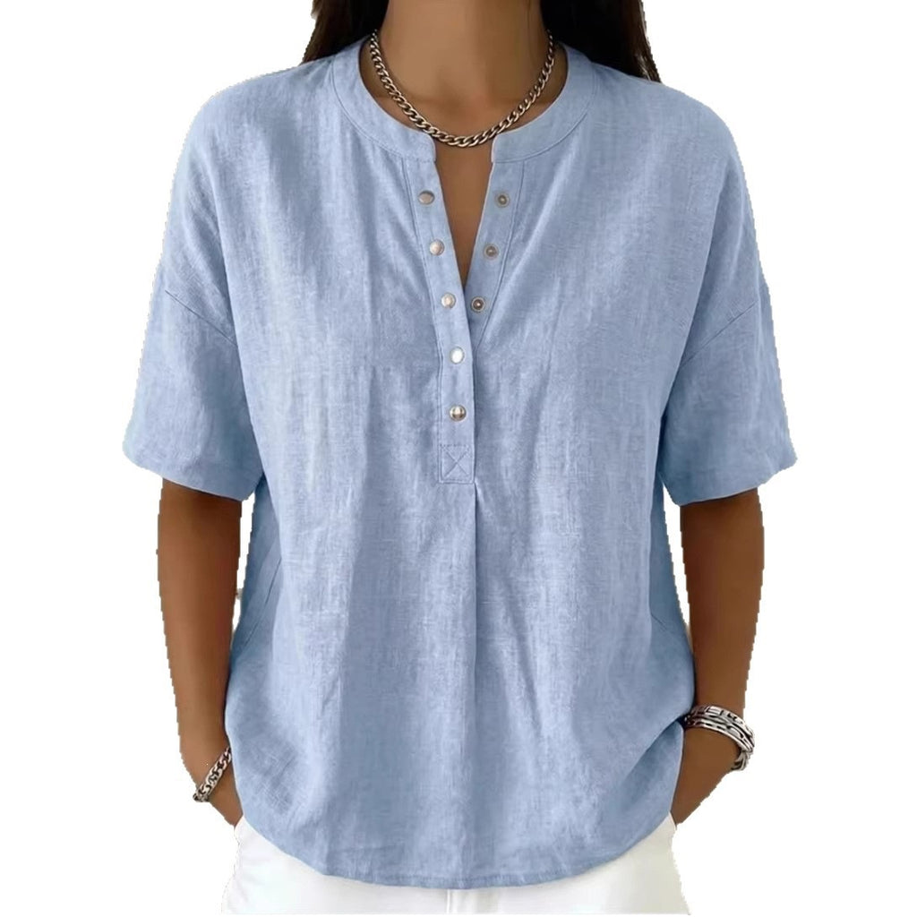 Solid Color Casual Pullover Short-Sleeve Shirt For Women