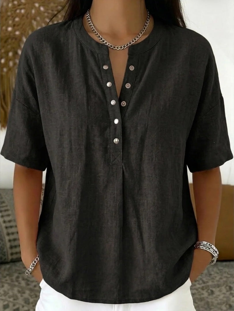 Solid Color Casual Pullover Short-Sleeve Shirt For Women