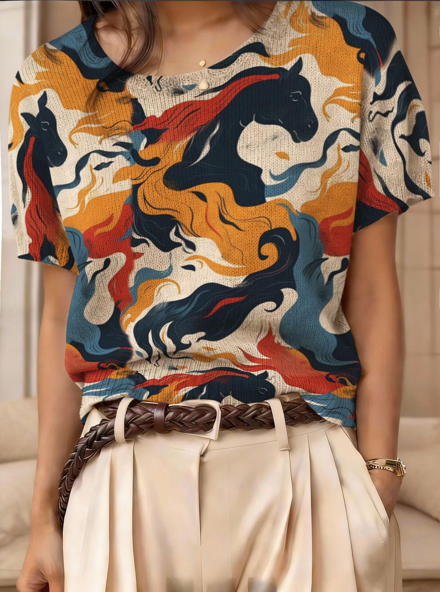 Retro Short-Sleeve Sweater Contrast-Color Jacquard Knit Top