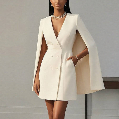 Elegant Commute Solid Color Blazer Dress With Shawl Cape