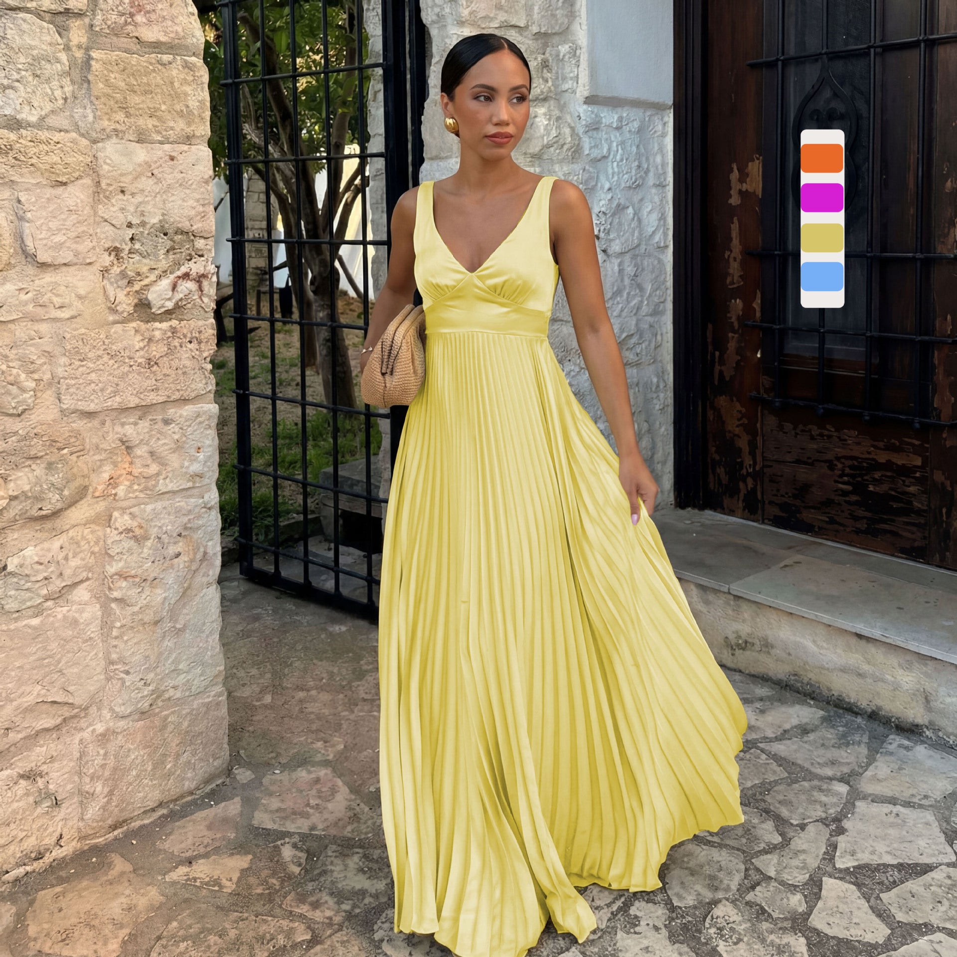 Fitted-waist Pleated Strap V-neck Solid-color Fashionable Dress