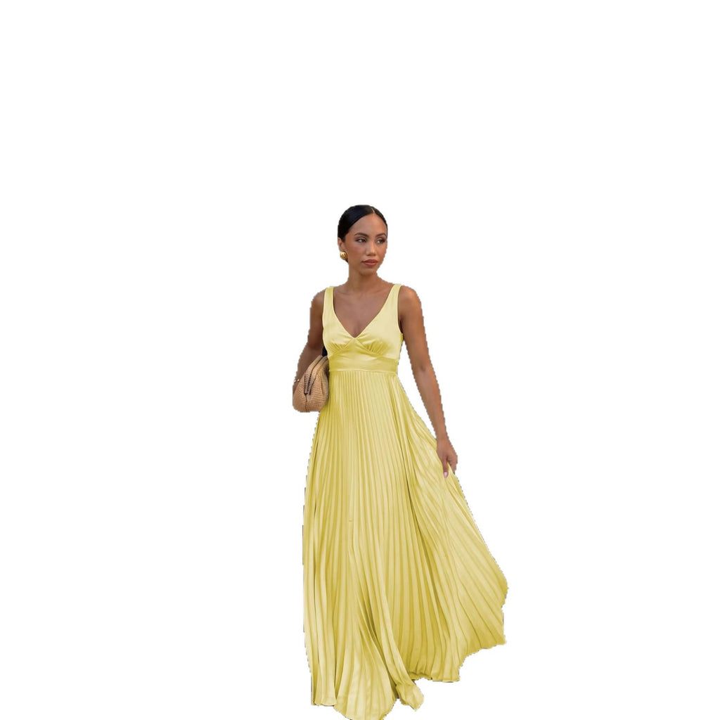 Fitted-waist Pleated Strap V-neck Solid-color Fashionable Dress