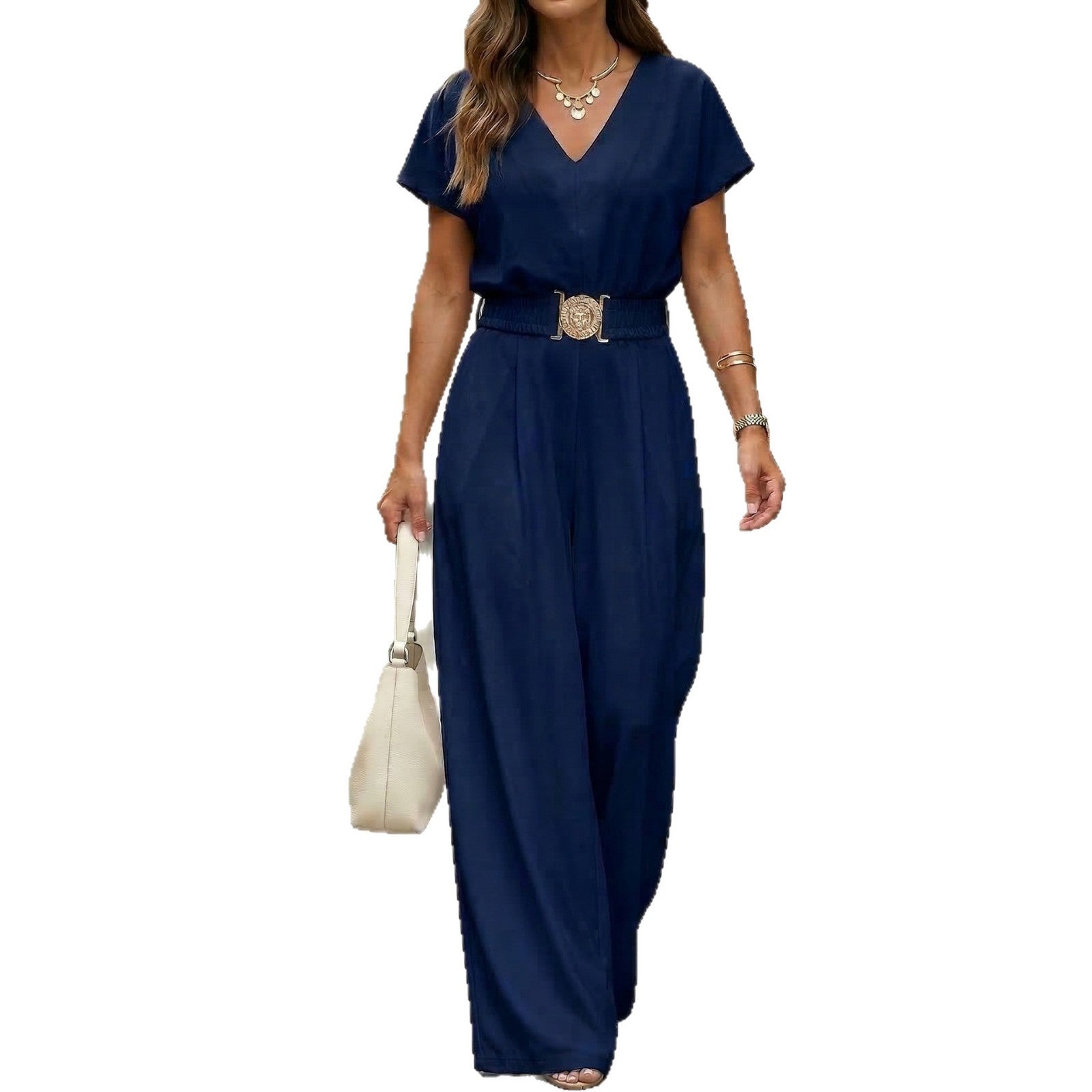 Womens V-neck Solid-color Short-sleeve Long-pants Belted Jumpsuit