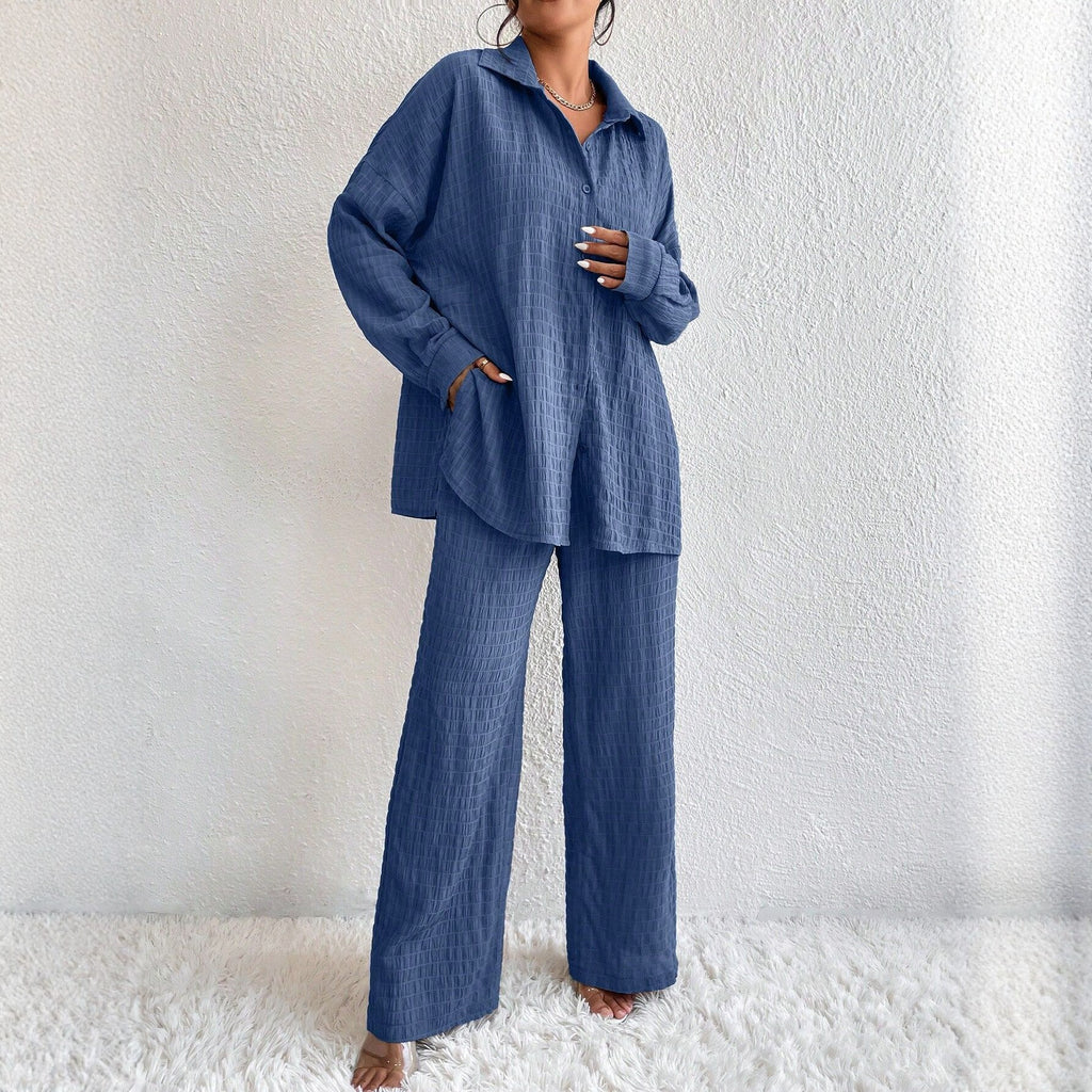 Summer New European And American Style Pleated Long-Sleeve Lapel Loose Two-Piece Set