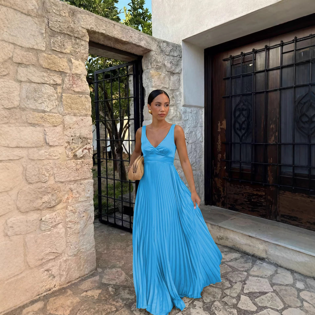 Fitted-waist Pleated Strap V-neck Solid-color Fashionable Dress