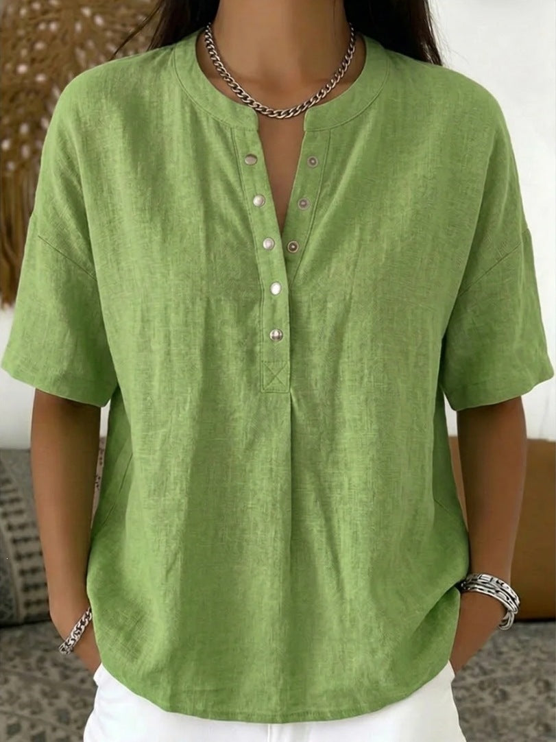 Solid Color Casual Pullover Short-Sleeve Shirt For Women