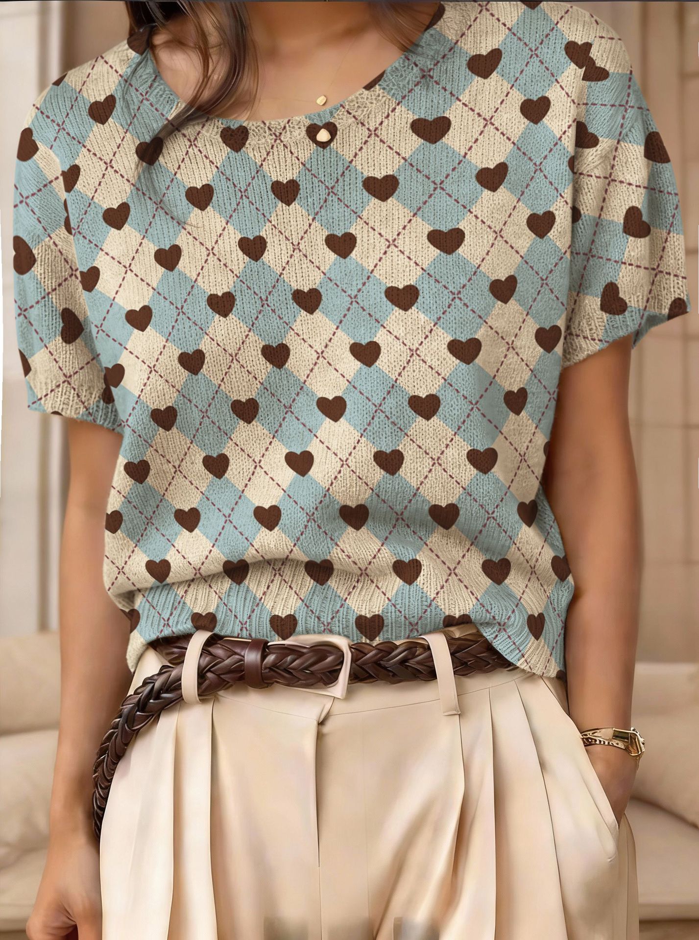 Retro Short-Sleeve Sweater Contrast-Color Jacquard Knit Top