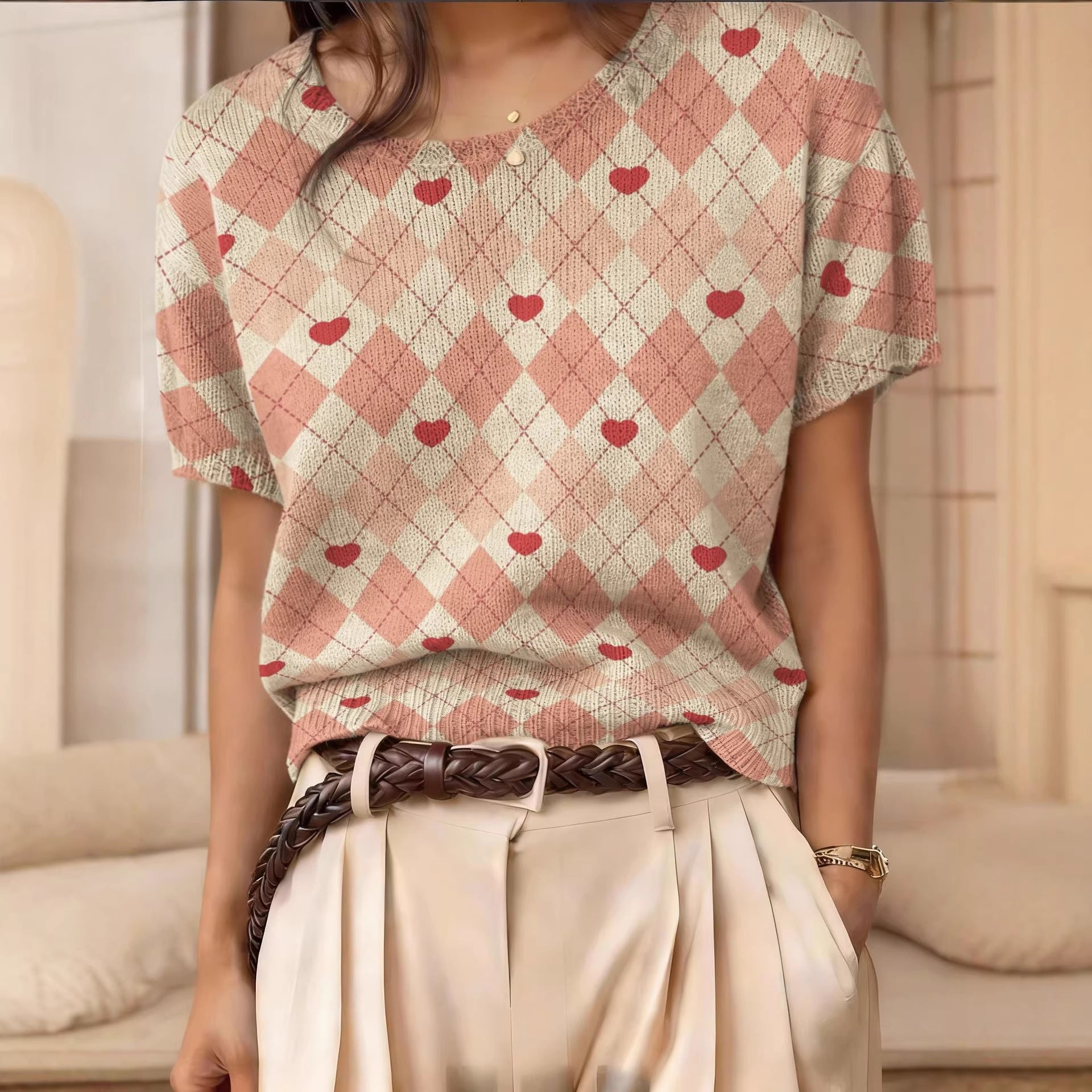 Retro Short-Sleeve Sweater Contrast-Color Jacquard Knit Top