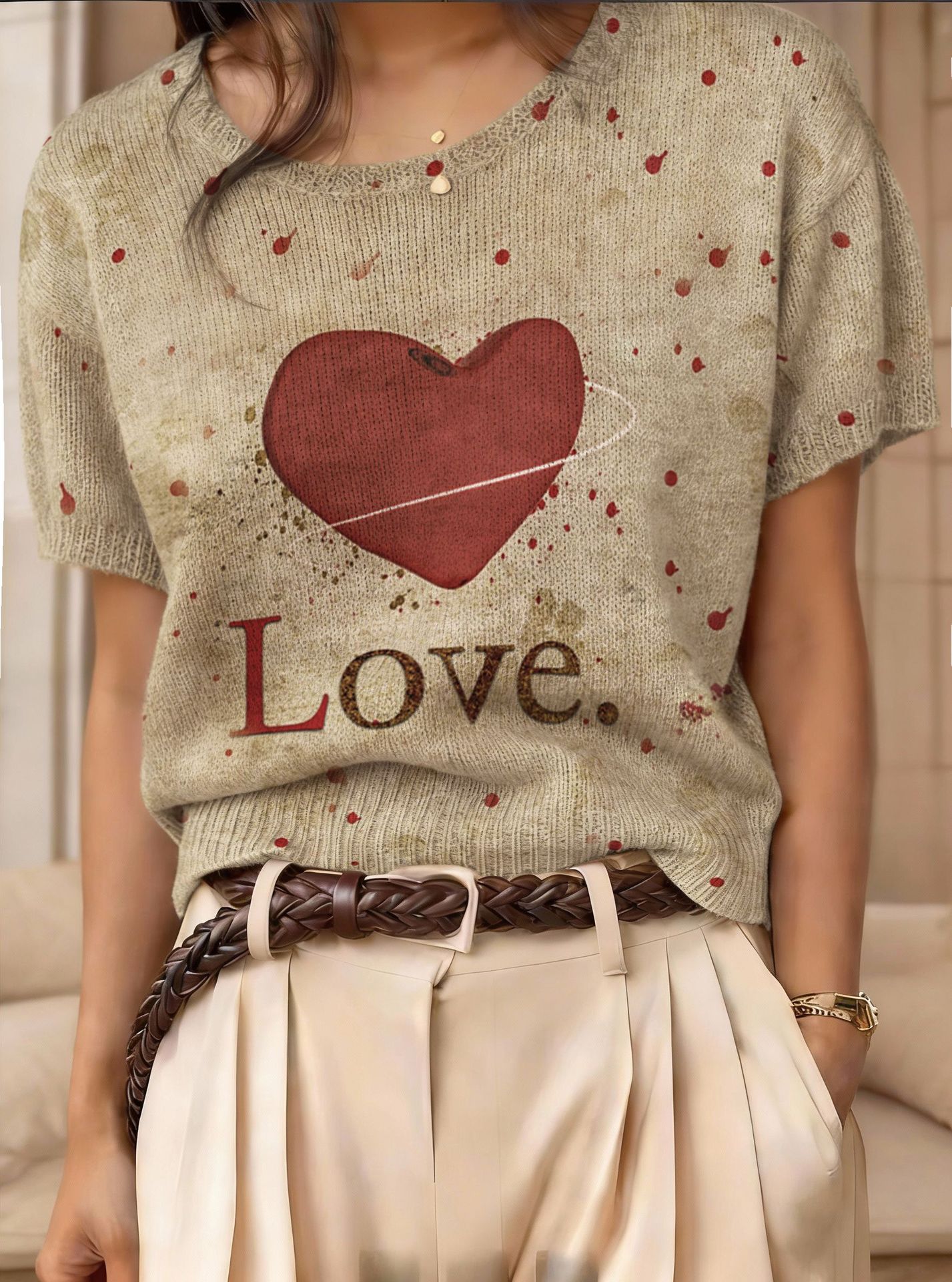 Retro Short-Sleeve Sweater Contrast-Color Jacquard Knit Top