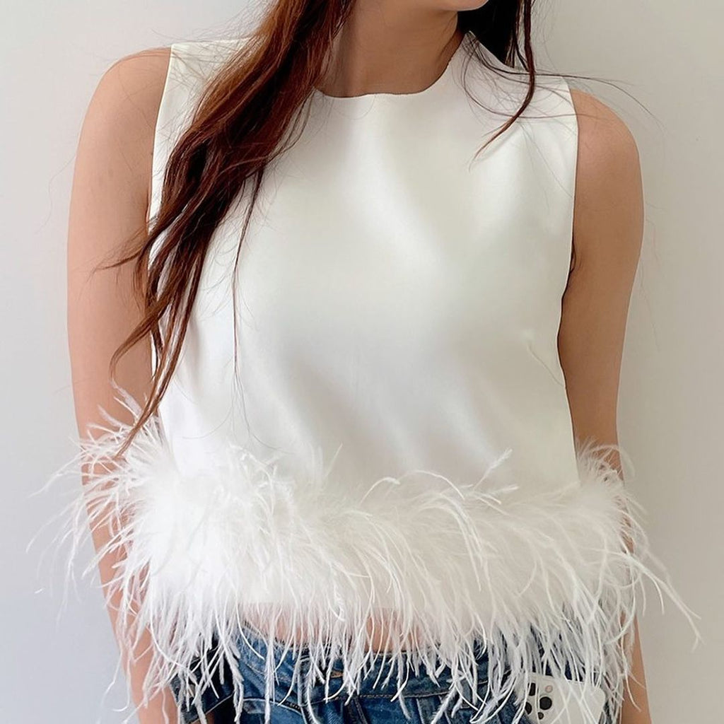 Women's Sleeveless Feather Vest T-Shirt With Back Zipper