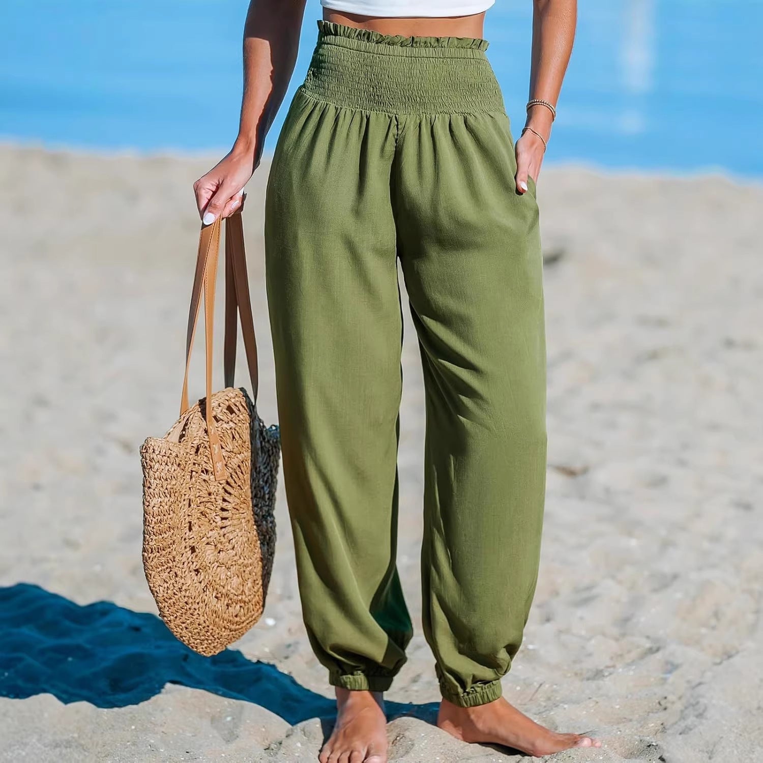 Women's Solid-Color Loose Beach Casual Ankle-Tied Pants