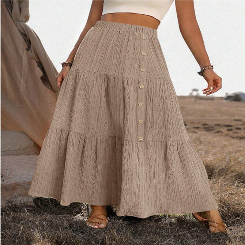 Elegant Casual Womens Long Tiered Skirt With Elastic Waist