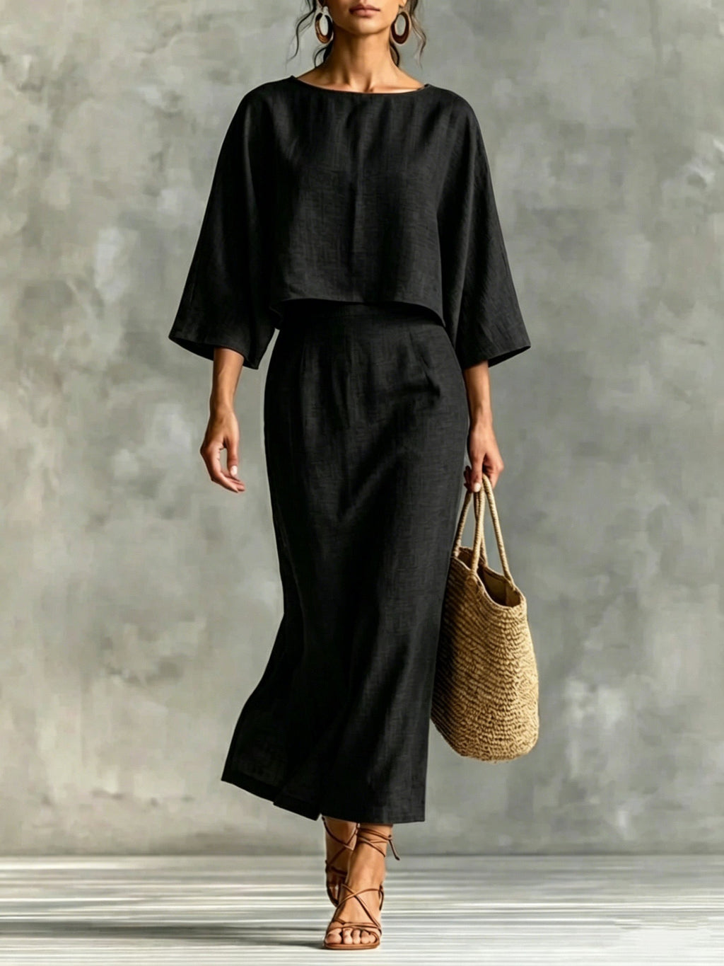 Womens High-Waisted Midi Skirt And Loose Top Set