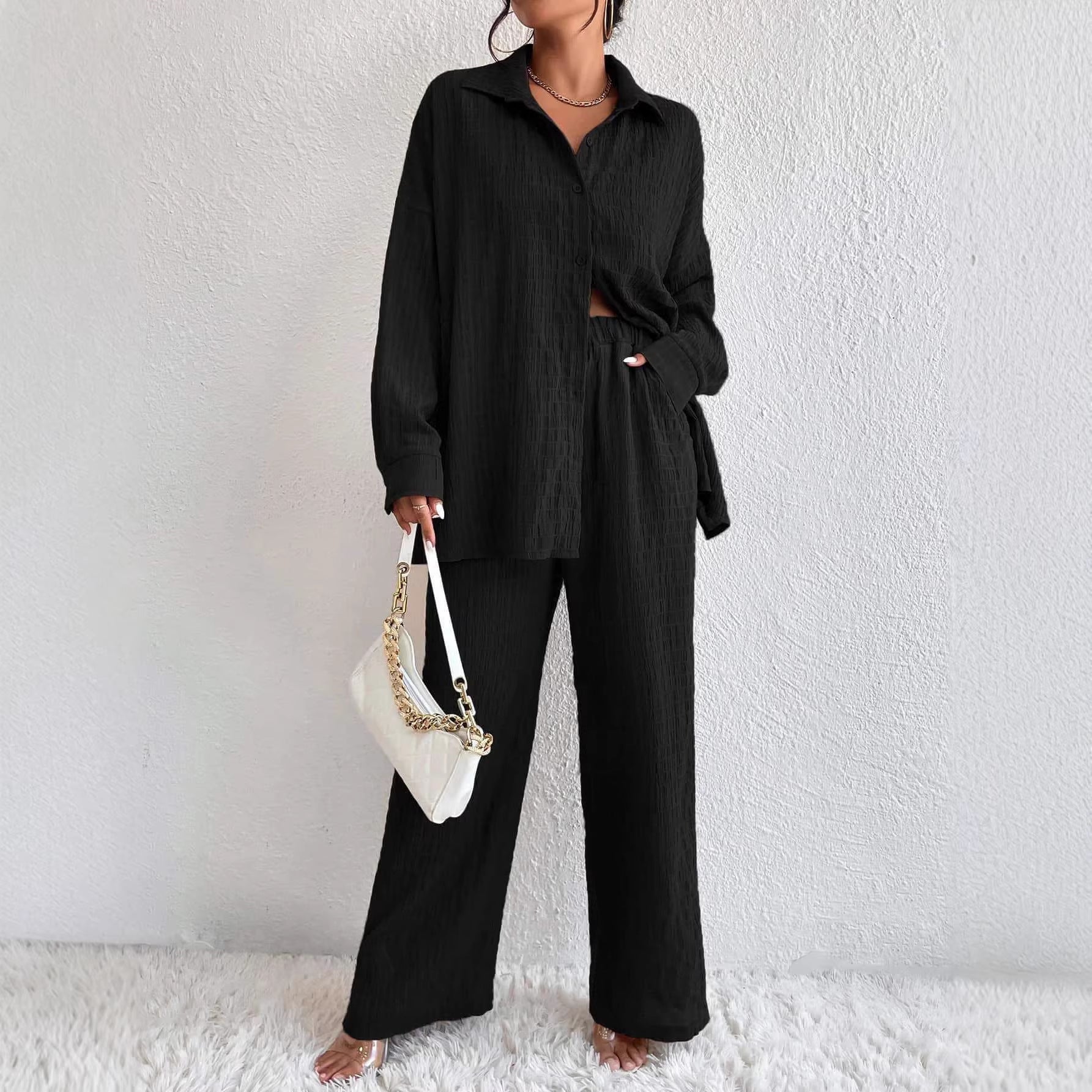 Summer New European And American Style Pleated Long-Sleeve Lapel Loose Two-Piece Set