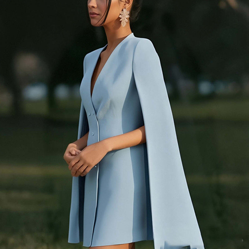 Elegant Commute Solid Color Blazer Dress With Shawl Cape