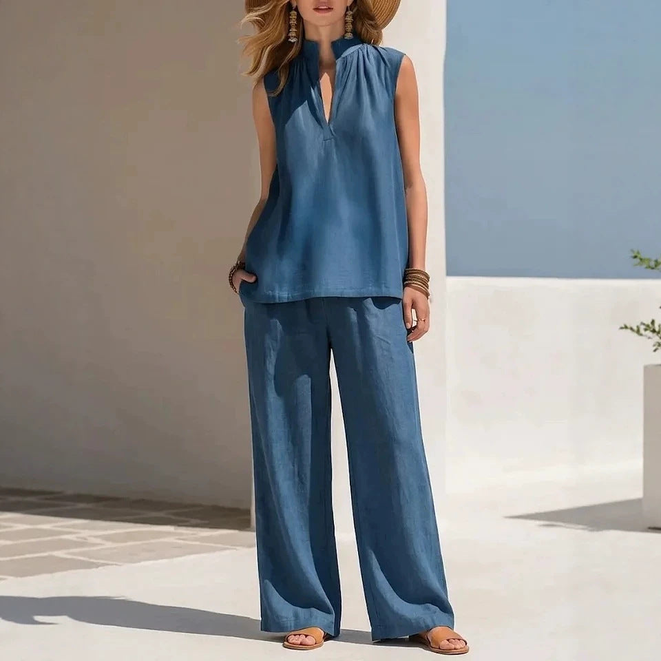 Sleeveless Stand-Neck Casual Womens Set