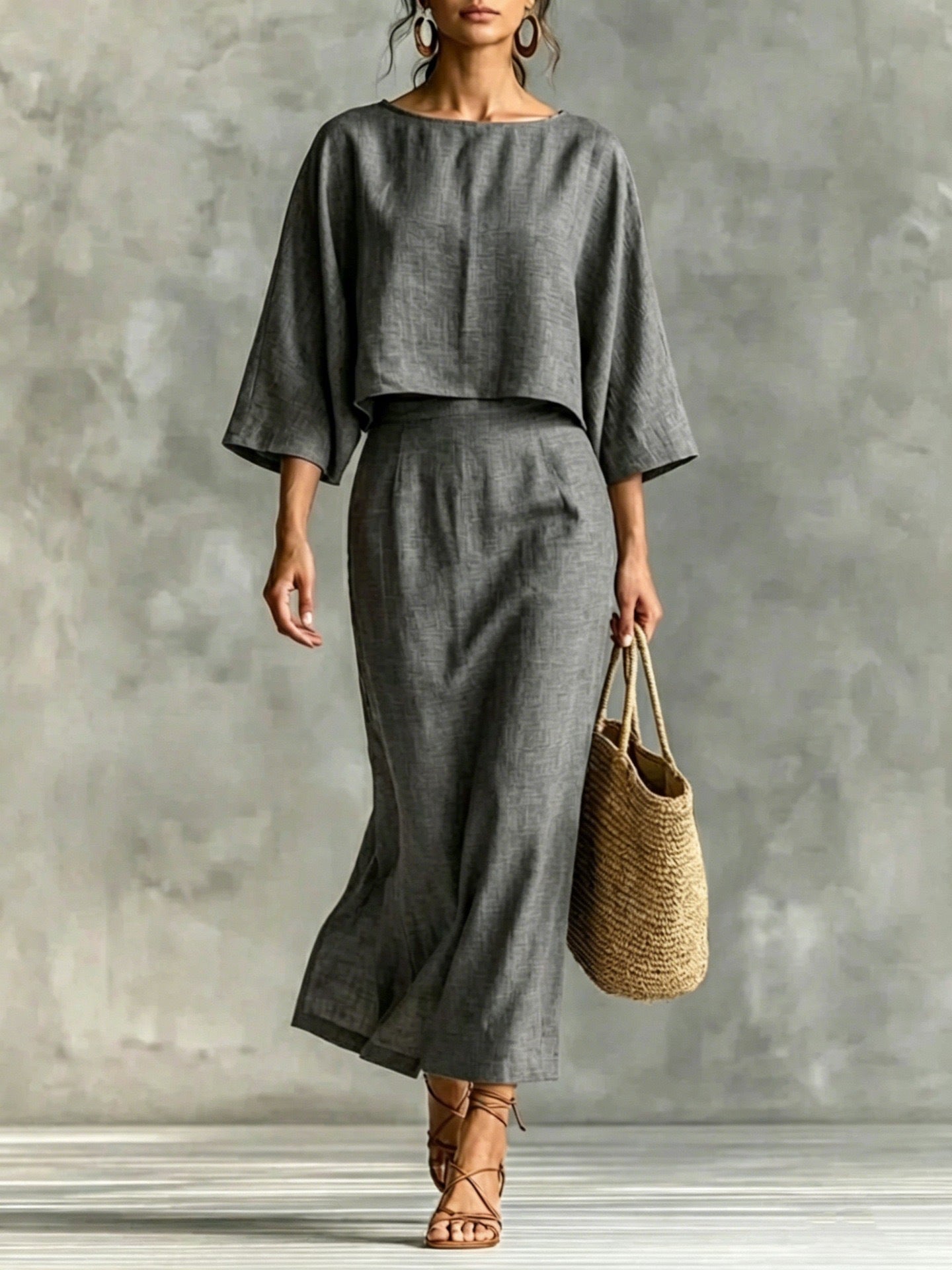 Womens High-Waisted Midi Skirt And Loose Top Set