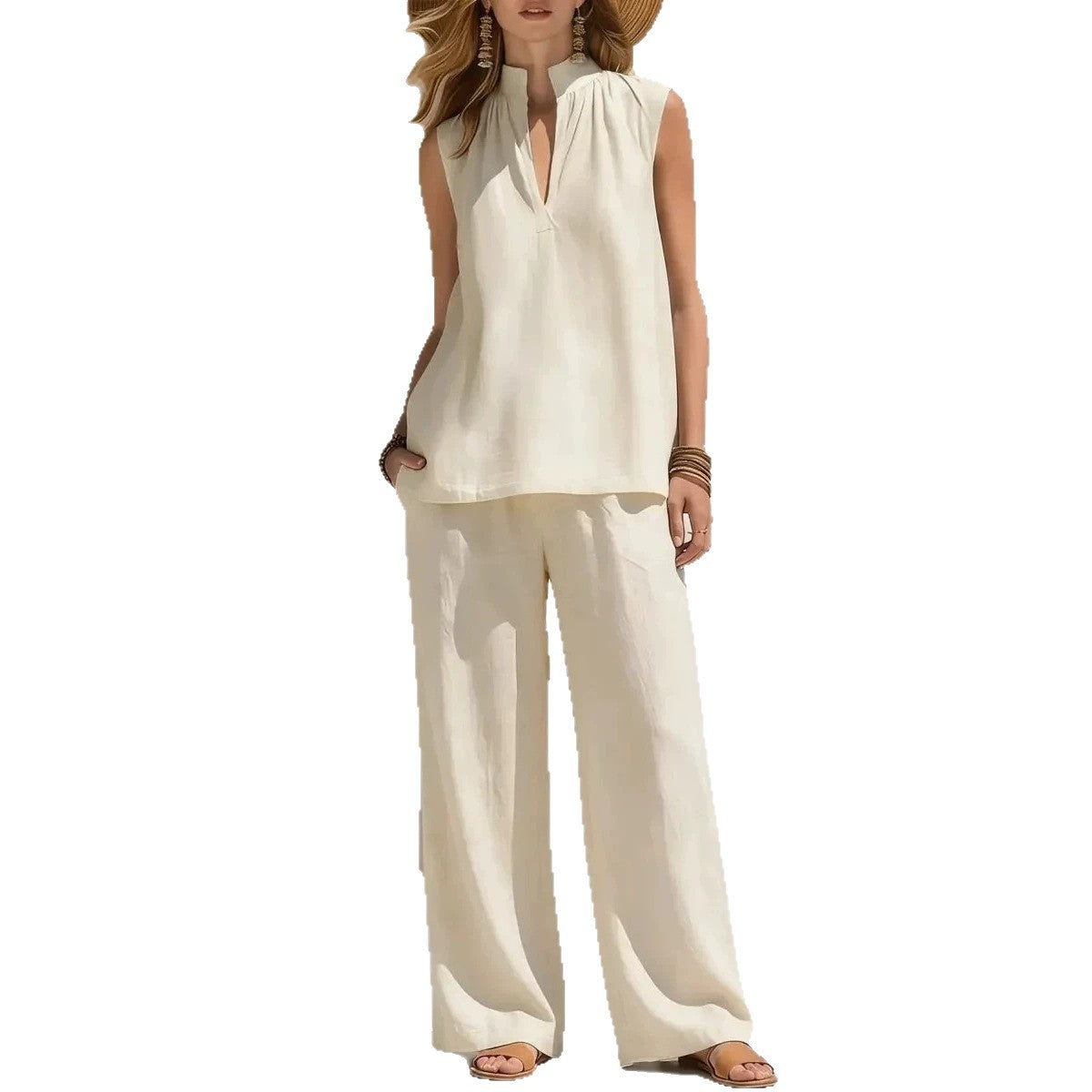 Sleeveless Stand-Neck Casual Womens Set
