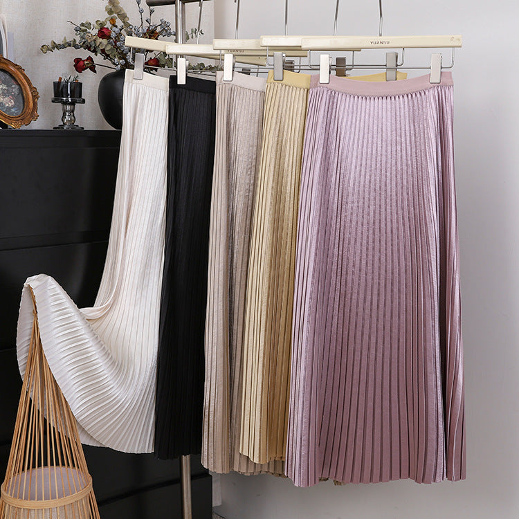 Fashionable Simple Versatile Satin Pleated Midi Skirt
