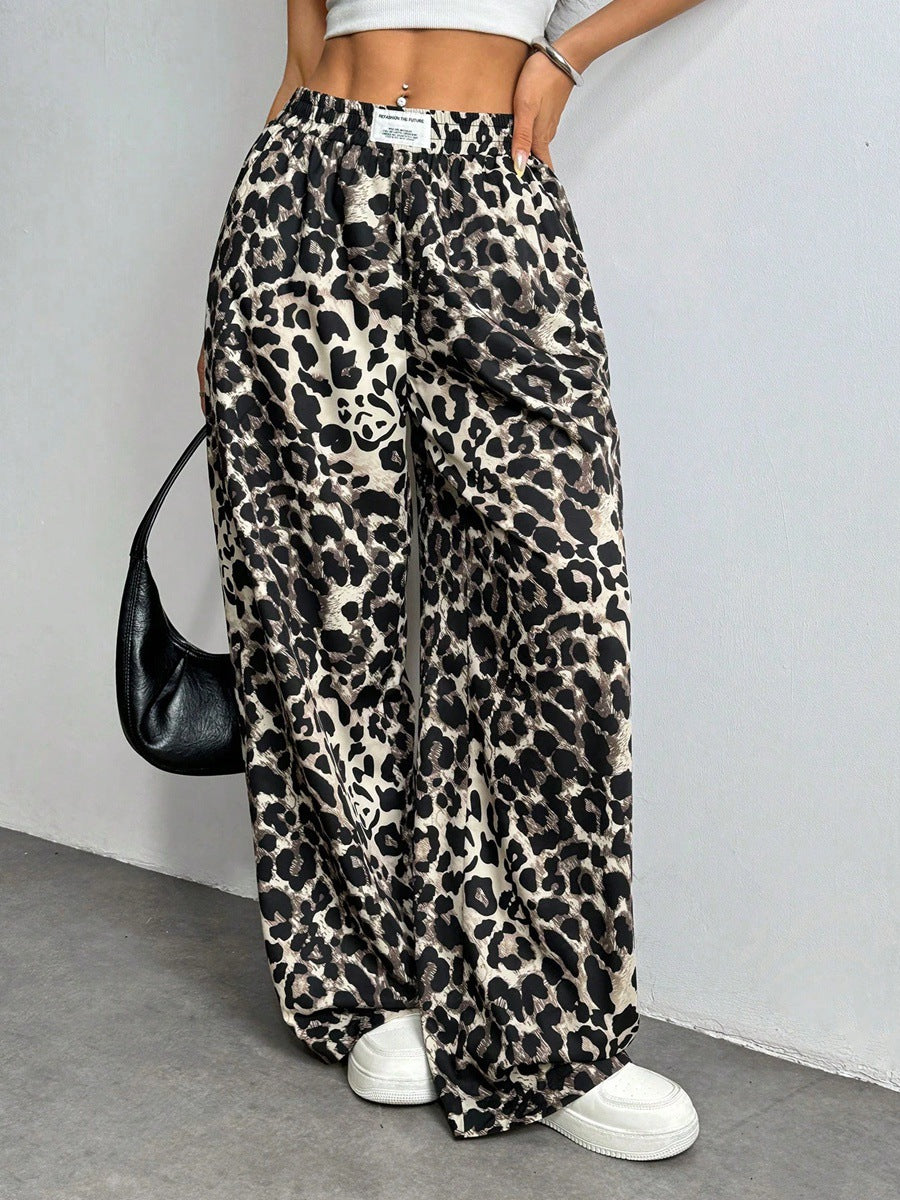 Loose-fitting Casual Pants With A Printed Leopard Pattern And An Elastic Waistband