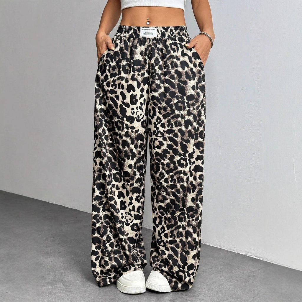 Loose-fitting Casual Pants With A Printed Leopard Pattern And An Elastic Waistband