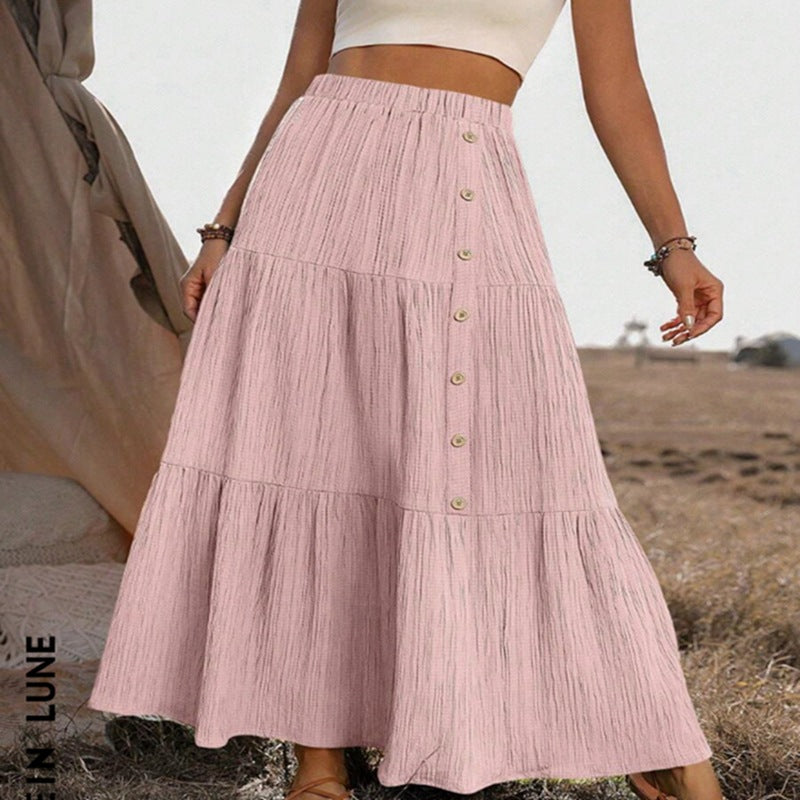 Elegant Casual Womens Long Tiered Skirt With Elastic Waist