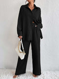 Summer New European And American Style Pleated Long-Sleeve Lapel Loose Two-Piece Set