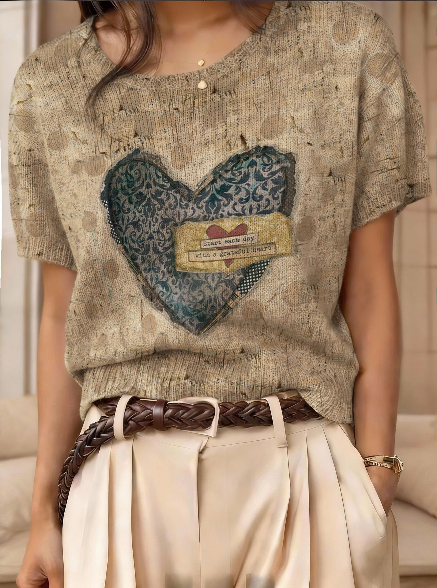 Retro Short-Sleeve Sweater Contrast-Color Jacquard Knit Top